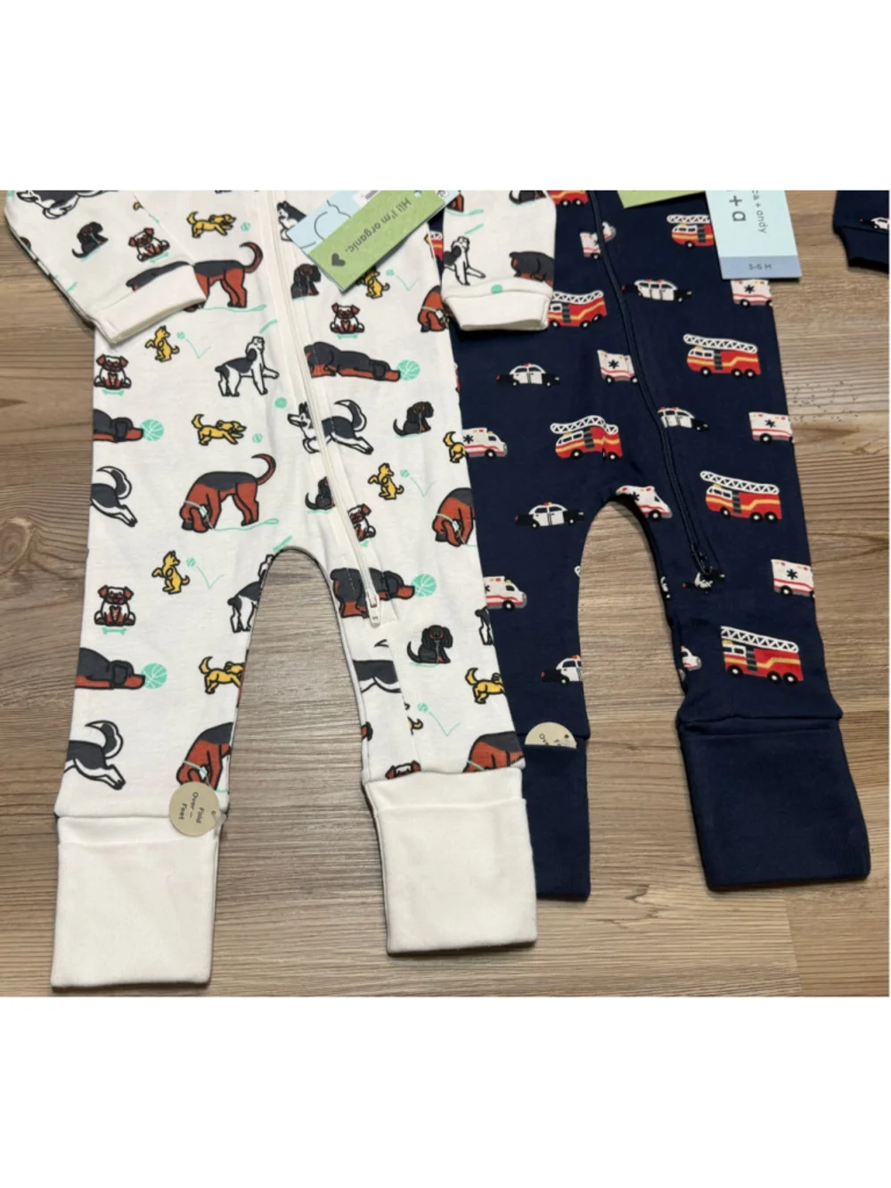 Monica + Andy Baby Footies 3-6 Months White Navy Blue Dog Fire Truck Set
